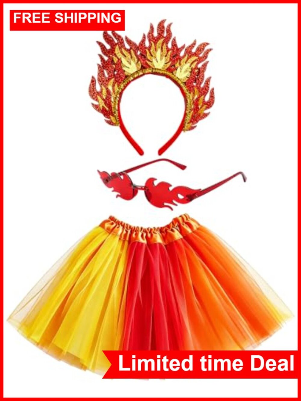 Fire Costume Set Flame Headband Sunglasses Tulle Tutu Skirt